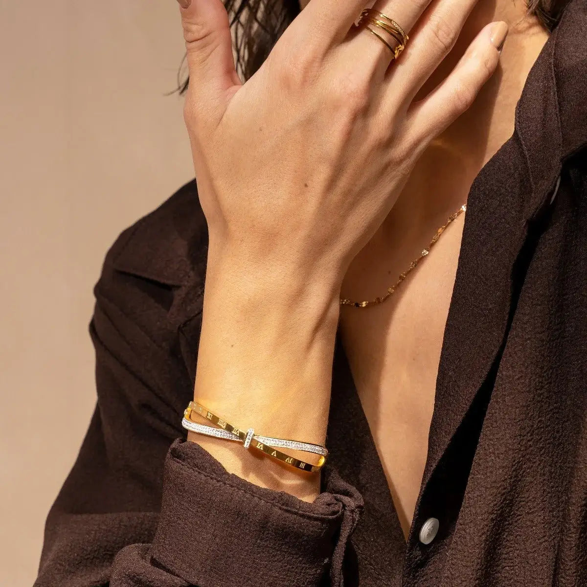Bracelete Romano Zircônia Banhado em Ouro 18k
